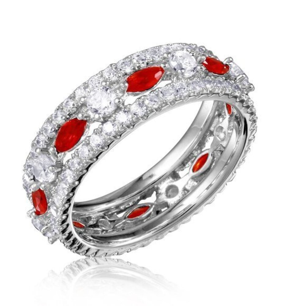 New Sterling Silver 925 Rhodium Plated Band Encrusted with Clear & Red CZ Stones